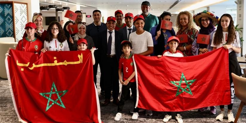 Morrocan Fans at Al Thumama Stadium wih the Moroccan National Flag